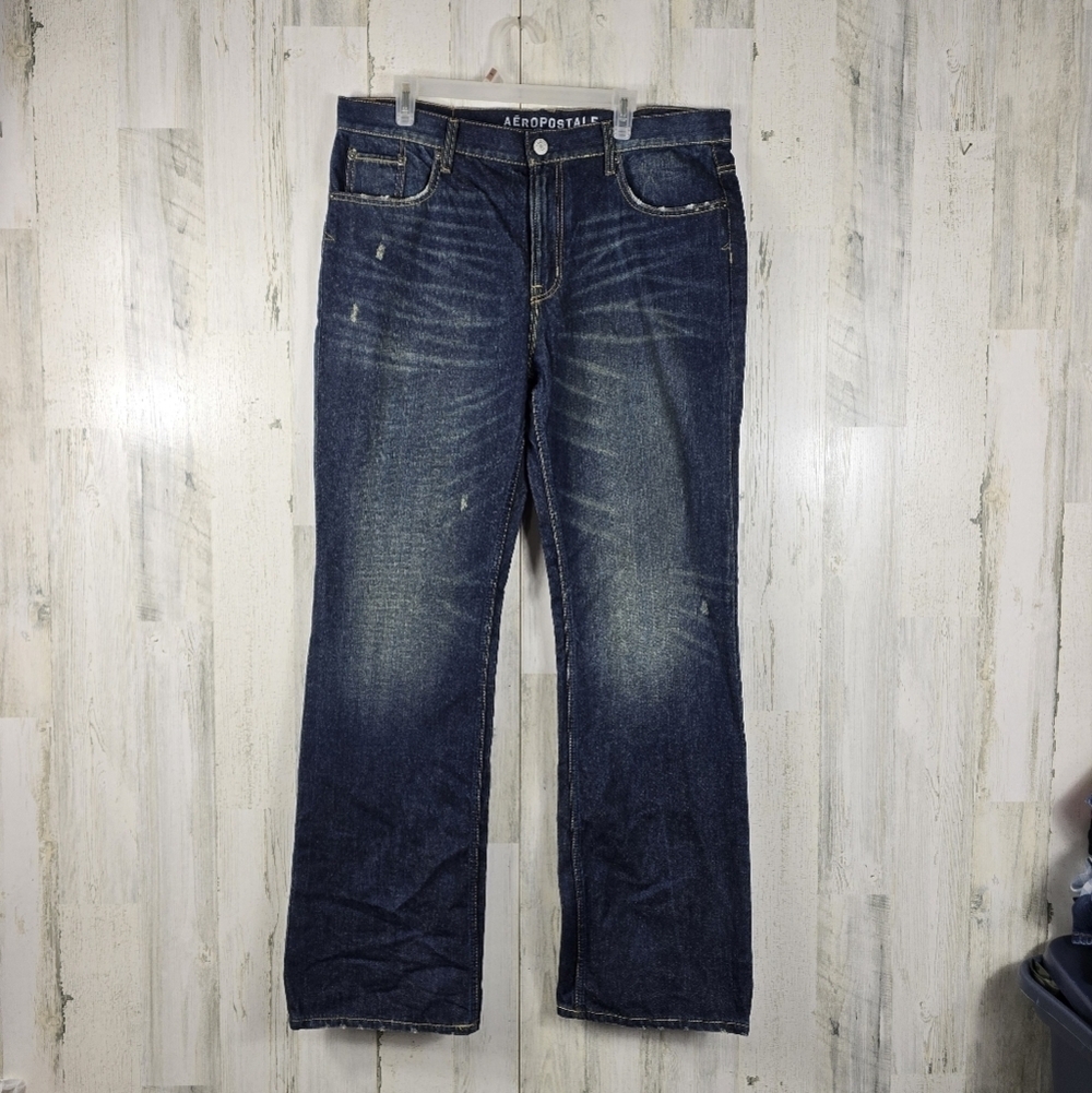 Aeropostale slim boot blue and yellow distressed mens jeans size 36X34